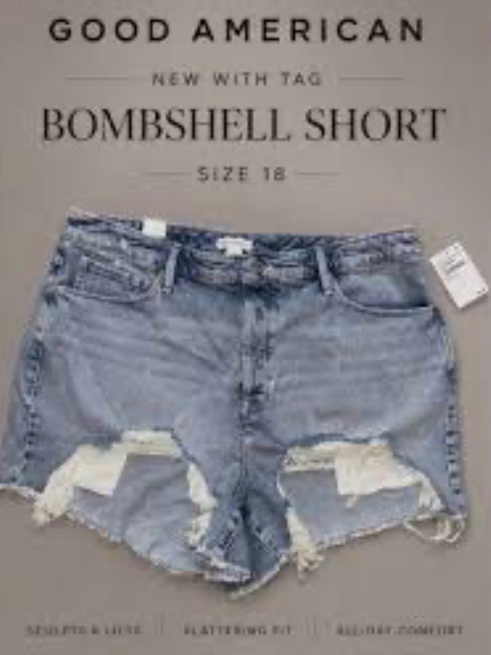 Good American Indigo Light Wash Bombshell Short High Waist Denim Jeans.  Sz 18